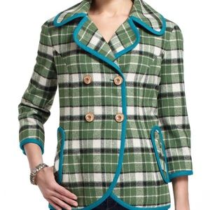 Anthropologie Tabitha Piped Green/Teal Plaid Coat
